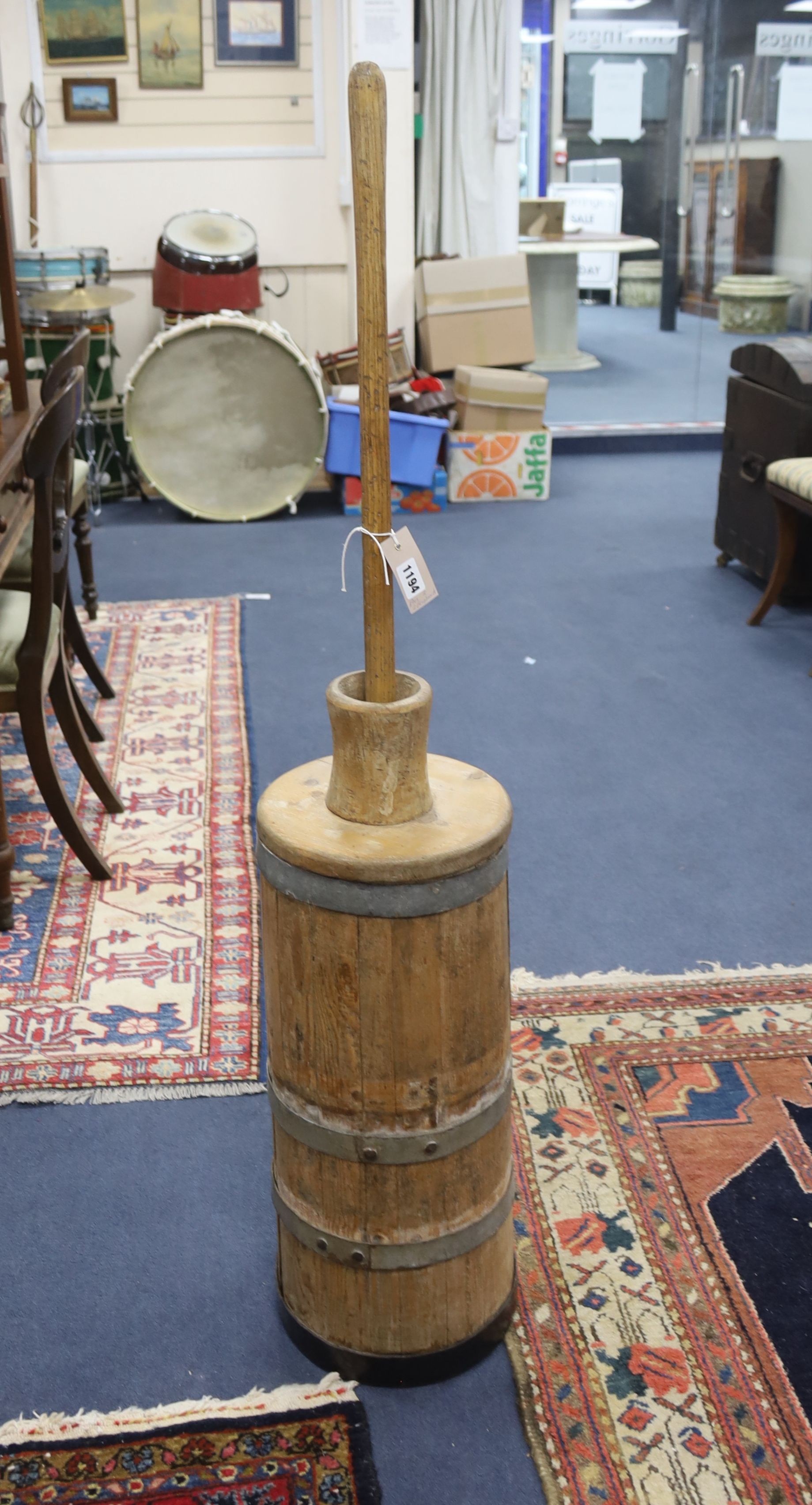 A Victorian washing dolly, height 128cm, together with a pair of small pine hanging corner cabinets